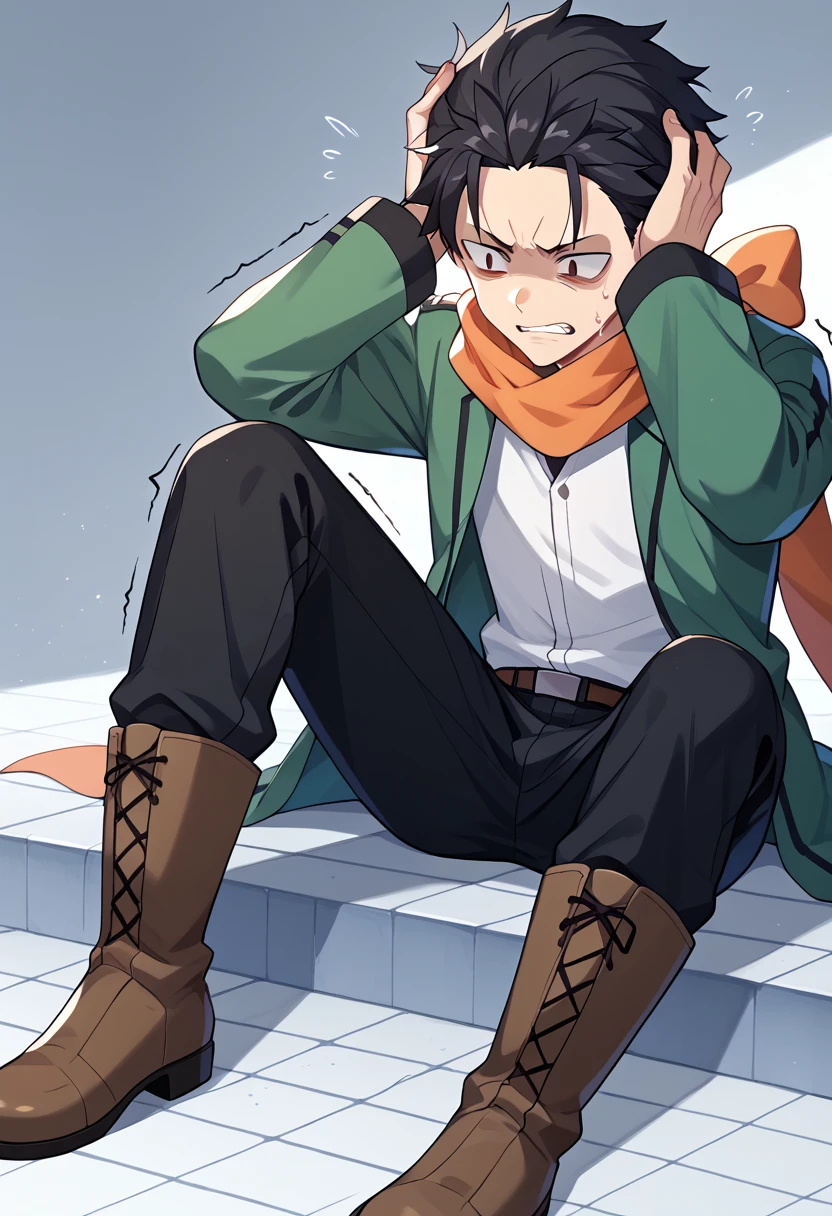 Score_9, score_8_up, score_7_up, score_6_up, scre_5_up, source_anime, very asthetic,  rating_safe, BREAK, natsuki subaru, Arc6Fit, 1boy, male focus, hands on own head, sitting, boots, orange scarf, black pants, black hair, trembling, short hair, green jacket, brown footwear, long sleeves, clenched teeth, shaded face, white shirt, open clothes <lora:NatsukiSubaruAIO-XL-V1:1>