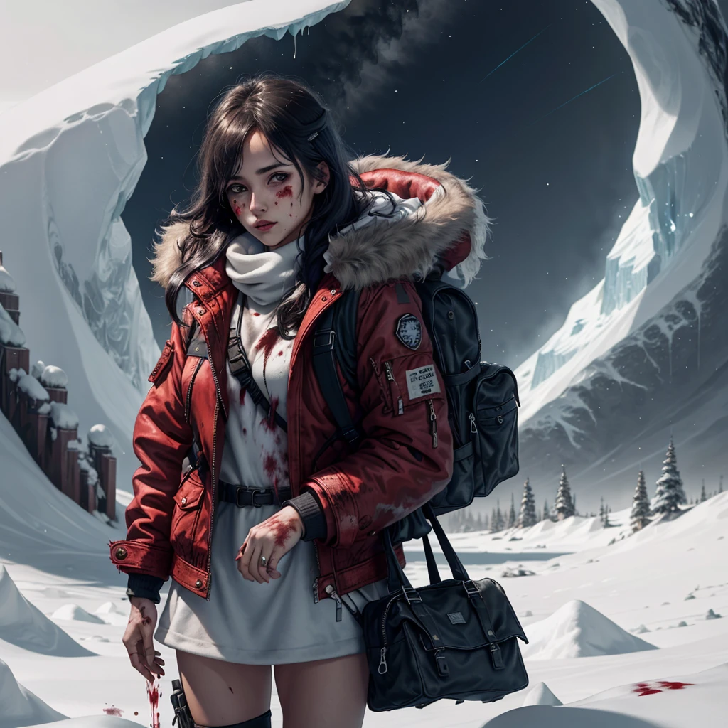 arctic explorer, girl in late twenties, blood on jacket