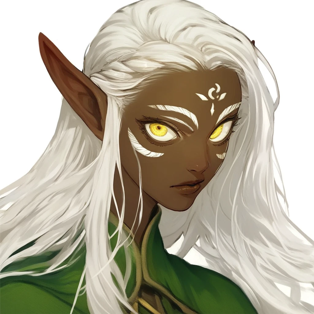 SCORE_9, SCORE_8_UP, SCORE_7_UP, 1GIRL, SOLO, ELF, POINTY, EARS, DARK SKIN, YELLOW EYES, DARK-SKINNED, FEMALE, WHITE BACKGROUND, LONG HAIR, WHITE HAIR, LOOKING AT VIEWER, SIMPLE BACKGROUND, DARK ELF, LIPS, FACIAL MARK, PORTRAIT