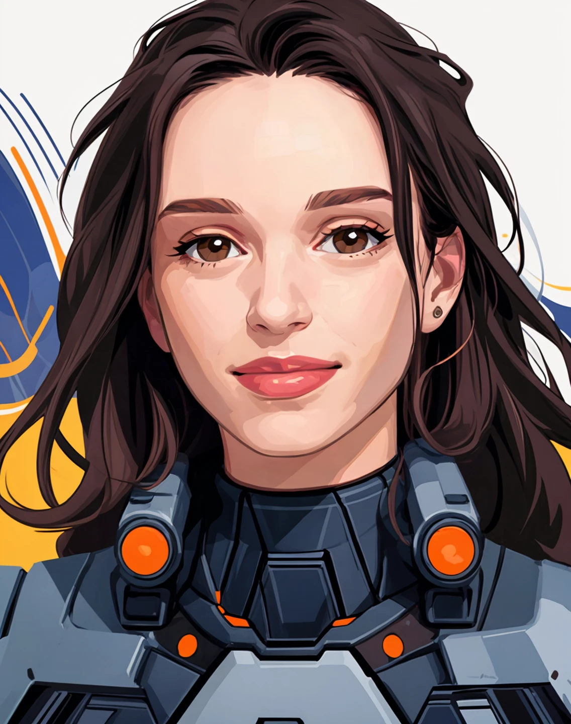 <lora:add_detail:0.5>, <lora:Essoe:0.8>, vector art, minimalism, sci-fi poster, abstract, best quality, realistic face, brown eyes, looking at viewer, solo, upperbody portrait, smile, <lora:Flat_Design_last:0.75>