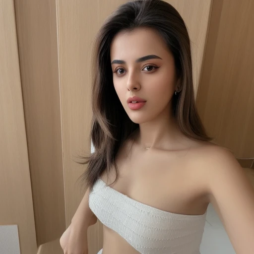 full length photo, black hair, full lips portrait of Fahriye Evcen, brown bright and big eyes, white skin, selfie of young woman leaning on the sofa in the living room, Violet Myers, no make-up, natural make-up, looking directly at the camera, face artgram, elegant make-up, low-cut bustier, miniskirt, full body exercise, perfect small breasts and , sexy smile