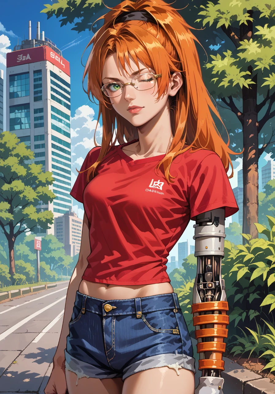 score_9, score_8_up, score_7_up, source_anime, <lora:Shalua_Rui_-_Final_Fantasy_VII:1>, shalua, solo, mechanical left arm, glasses, one eye closed, green eyes, orange hair, outdoors, red tee-shirt, denim shorts,