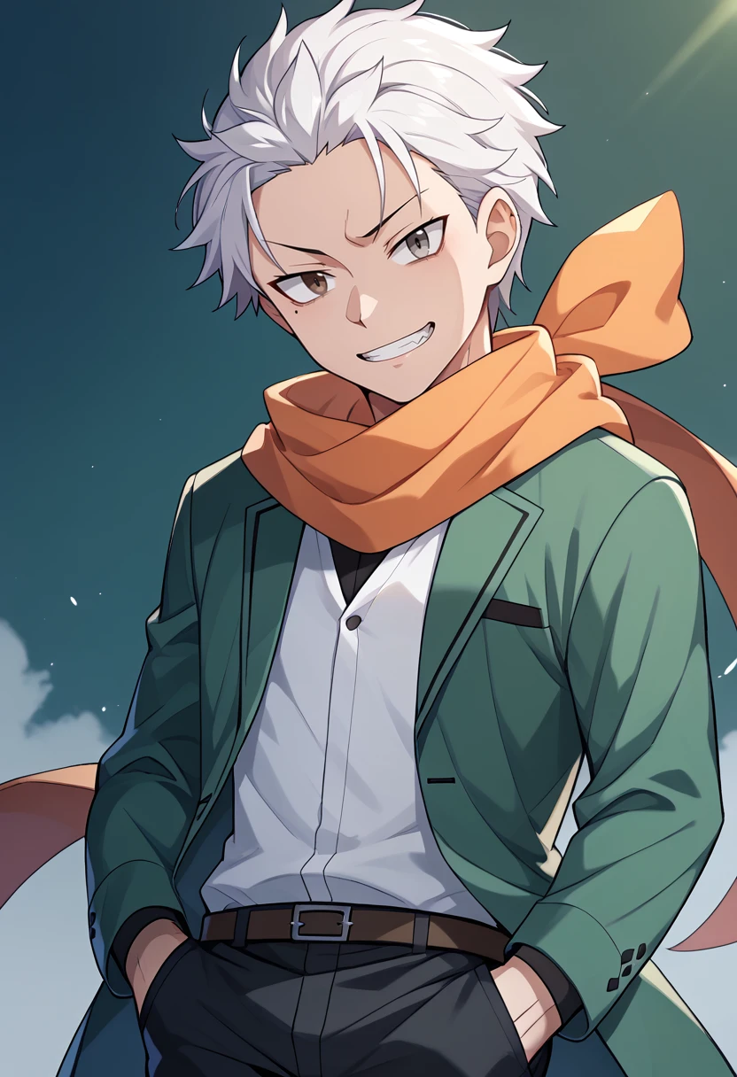 Score_9, score_8_up, score_7_up, score_6_up, scre_5_up, source_anime, very asthetic,  rating_safe, BREAK, natsuki subaru, GluttonyIF, heterochromia, brown eye, grey eye, white hair, 1boy, male focus, orange scarf, black pants, grin, head tilt, green jacket, hand in pocket, white shirt, short hair, looking at viewer, long sleeves, closed mouth, open clothes, <lora:NatsukiSubaruAIO-XL-V1:1>