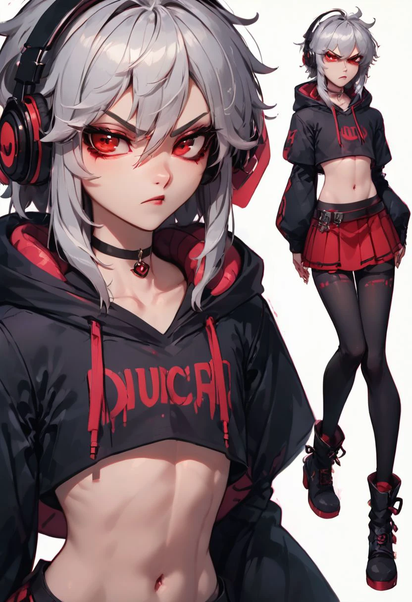 score_9, score_8_up, score_8, volumetric lighting, vibrant colors, 
femboy, blackmailed, (long silver wig,  , glaring red eyes, furrowed eyebrows, light makeup, crossdressing, femboy, adult, crossdressing, androgynous,  trying to hide face, beautiful face, (oversized crop top hoodie, headphones, skirt, leggings, ankle boots) conceptart,multiple views,white background,simple background
4k UHD,