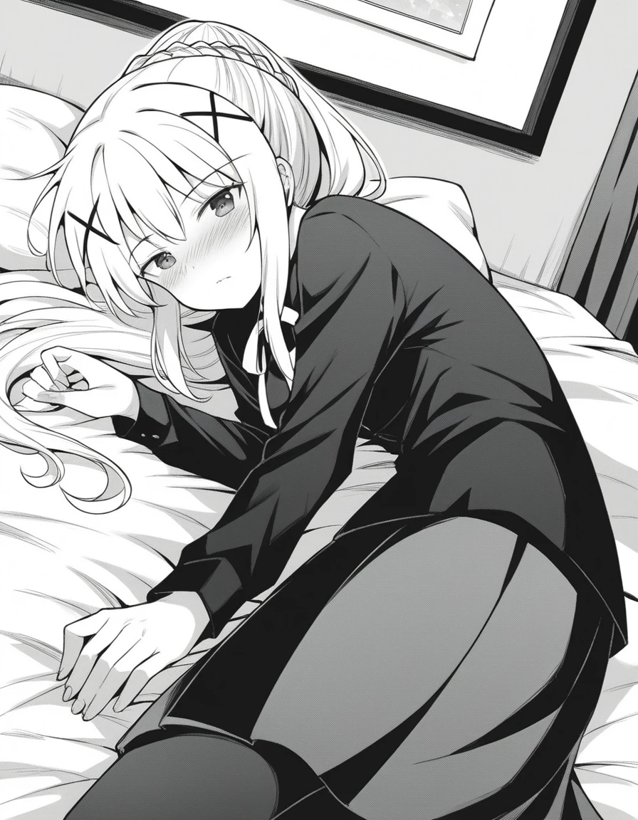score_9, score_8_up, score_7_up, source_anime,
lalatinadustinessford, <lora:lalatina-dustiness-ford-manga-ponyxl-lora-nochekaiser:1>,
lalatina dustiness ford, long hair, hair ornament, ponytail, braid, x hair ornament, greyscale, monochrome,
skirt, pantyhose, shirt, collared shirt, black shirt, long sleeves, ribbon,
indoors, bed, bed room, on side, blush, drunk,
looking at viewer, cowboy shot, dutch angle, solo,