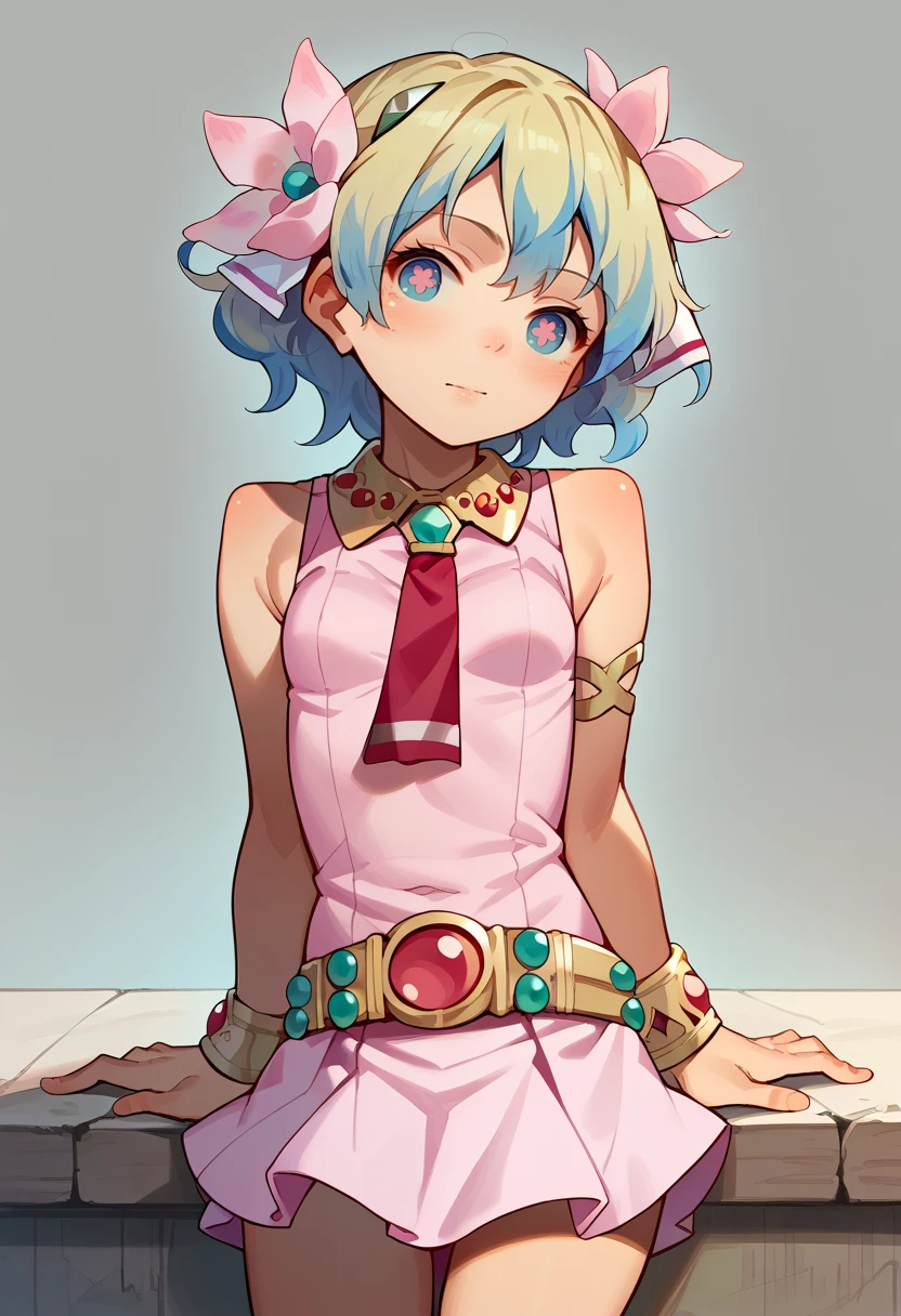 score_9, score_7_up, source_anime, BREAK <lora:NiaS1:1> nias1, 1girl, blue eyes, symbol-shaped pupils, short hair, blonde hair, blue hair, two-tone hair, small breasts, skirt, hair ornament, Pink dress, jewelry, hair flower, sleeveless dress, red necktie, bracelet, armlet, belt, <lora:muk_pony_v2:1>