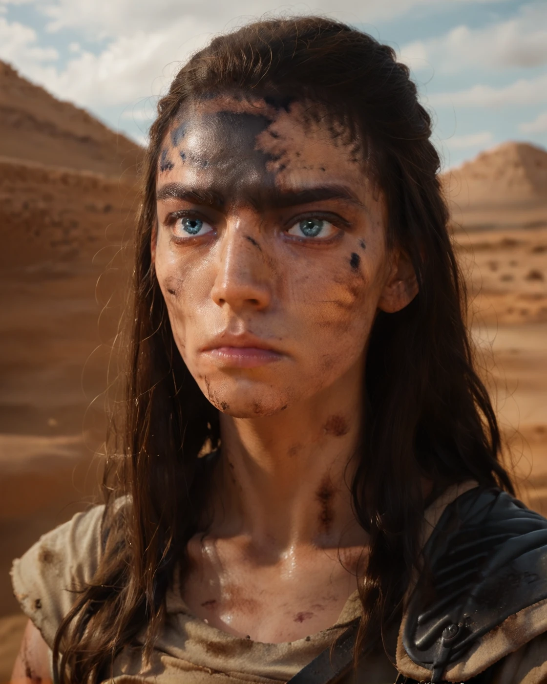 <lora:Furiosa_A_mad_Max_saga:0.7> mmsfuriosa, portrait, long hair, blue eyes, desert background, solo, woman, dark forehead, dirty, score_9, score_8_up, score_7_up, score_6_up, score_5_up, score_4_up