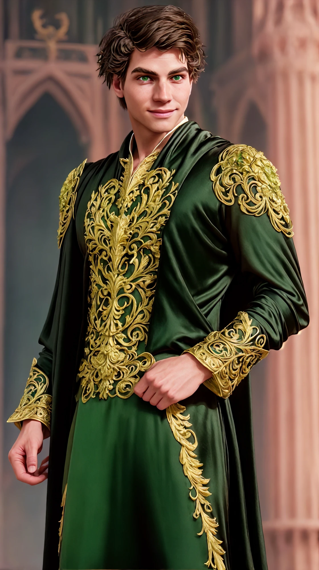 (face focus). (masculine:1.3), large strong physique:1.0, at outdoor gothic castle, (muscular;1.2), large muscles:1.1, ((wearing large long flowing ornate revealing green and black silk fantasy suit:1.3)), (wearing matching long flowing cape:1.2), (green eyes), (fantasy theme:1.3), styled hair, confident, handsome, (((masterpiece))), (((best quality))), (dignified pose:1.2), male, athletic, looking at viewer, (short hair), lower color saturation:1, lower contract color:1, SebbySallow, <lora:SebbySallow (1):1.0>, smile