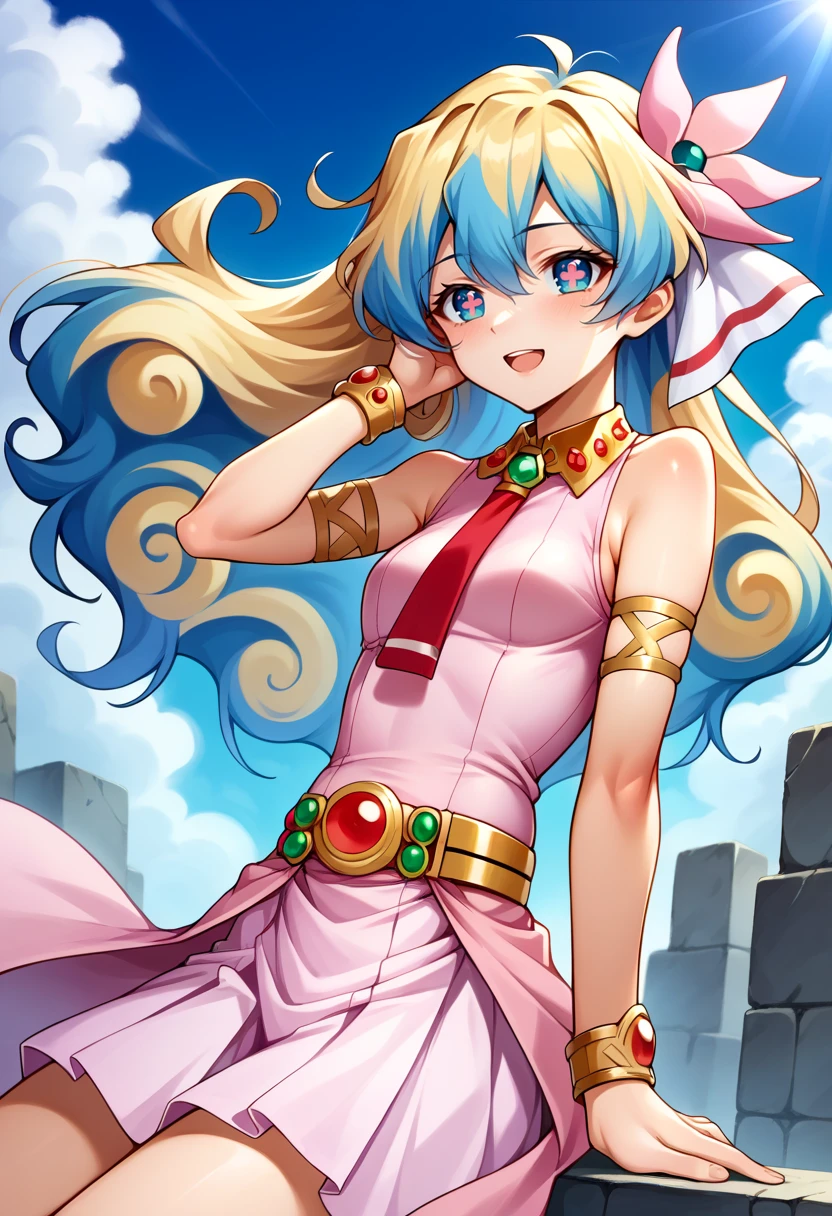 score_9, score_7_up, source_anime, BREAK blue sky, open mouth, :o, smile, hand in own hair, (floating hair:1.3), facing away, sitting, <lora:NiaS1:1> nias1, 1girl, blue eyes, symbol-shaped pupils, long hair, blonde hair, blue hair, two-tone hair, small breasts, skirt, hair ornament, Pink dress, jewelry, hair flower, sleeveless dress, red necktie, bracelet, armlet, belt,