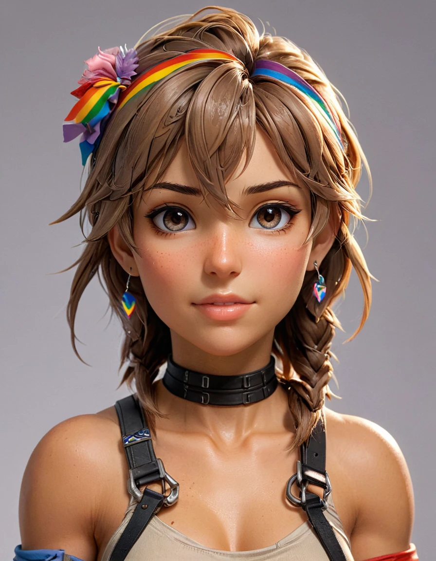 Cute buff (Female:1.1) , Sculpting, she is wearing a ral-animepride, The ral-animepride is inspired by the Tomb Raider game, Weird Hair Clip, plain Lively background, deep focus, detailed, masterpiece, Shin Hanga, Selective focus, intricate, amateurish, <lora:ral-animepride-sdxl:0.7>, gorgeous, enchanted, magical composition, detailed, illustrious quality, located artistic