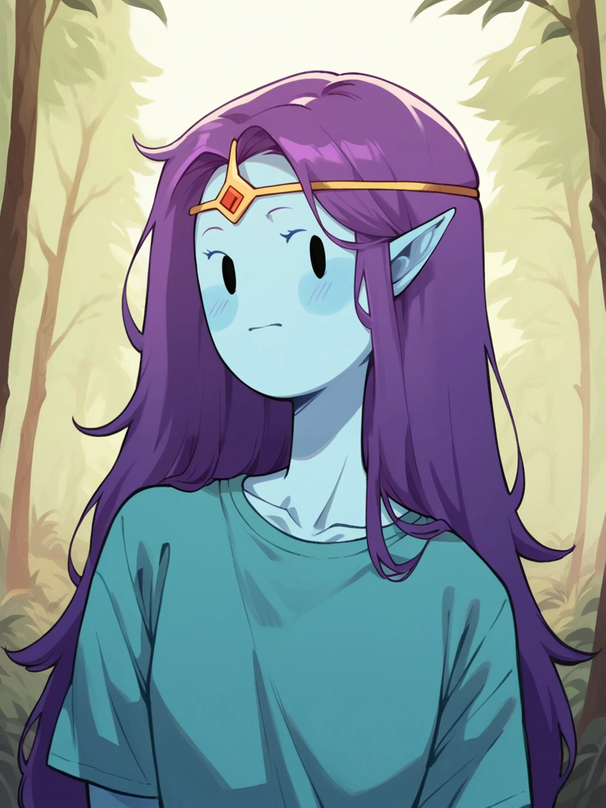 score_9, score_8_up, score_7_up, score_6_up, score_5_up, score_4_up, 4dv3ntur3t1m3, adventure time, <lora:4dv3ntur3t1m3XLP:0.8> 1girl, forest, purple hair, portrait,