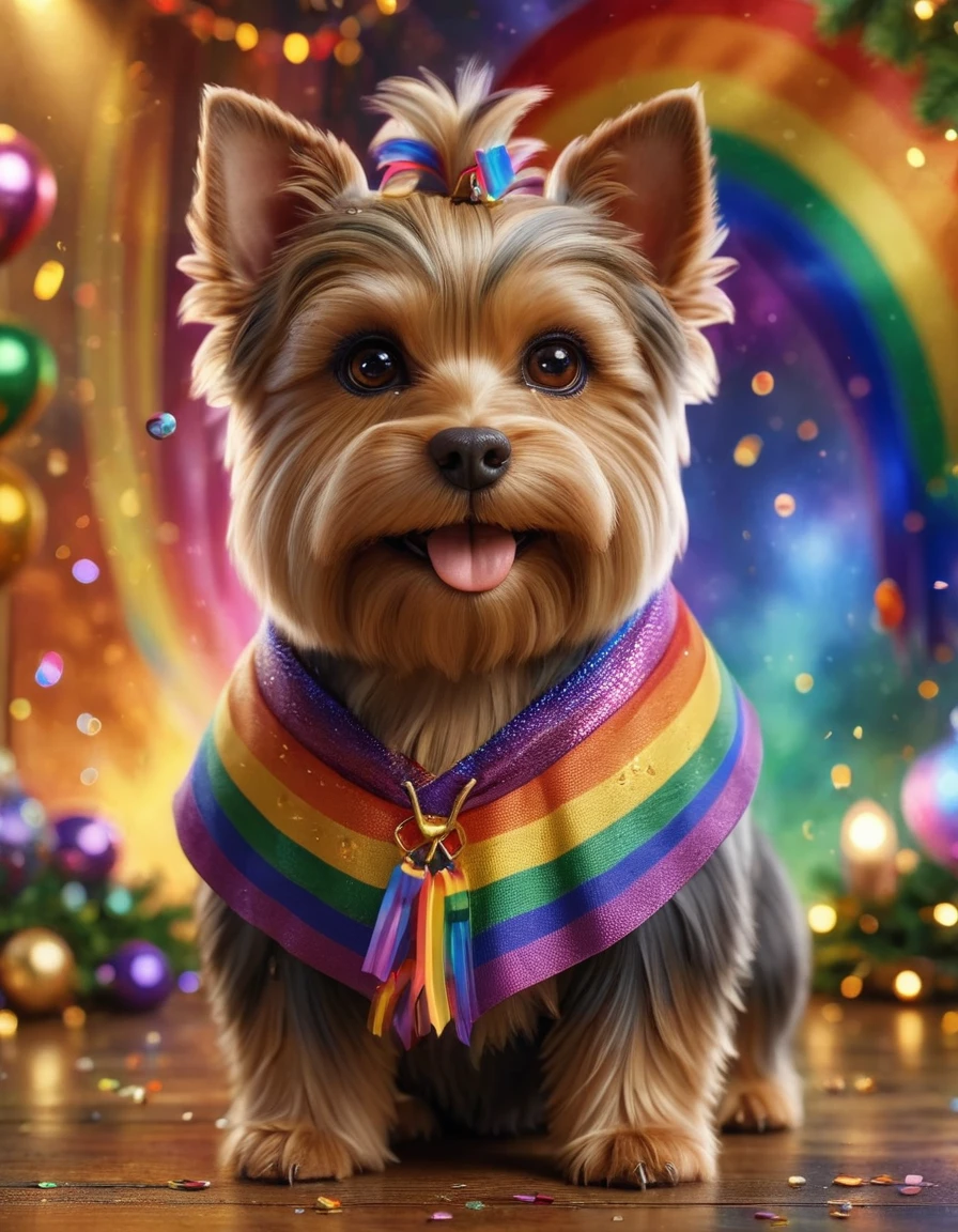 figurativism art by Tyko Sallinen, Energizing Radiant Yorkshire Terrier, wearing Enchanting ral-realpride, tilt shift, Fearful, Dark Academia, full of color, Gold Leafing, <lora:ral-realpride-sdxl:0.8>, holy, dynamic background, magnificent, glossy, professional creative, ambient illumination, background inspired, epic