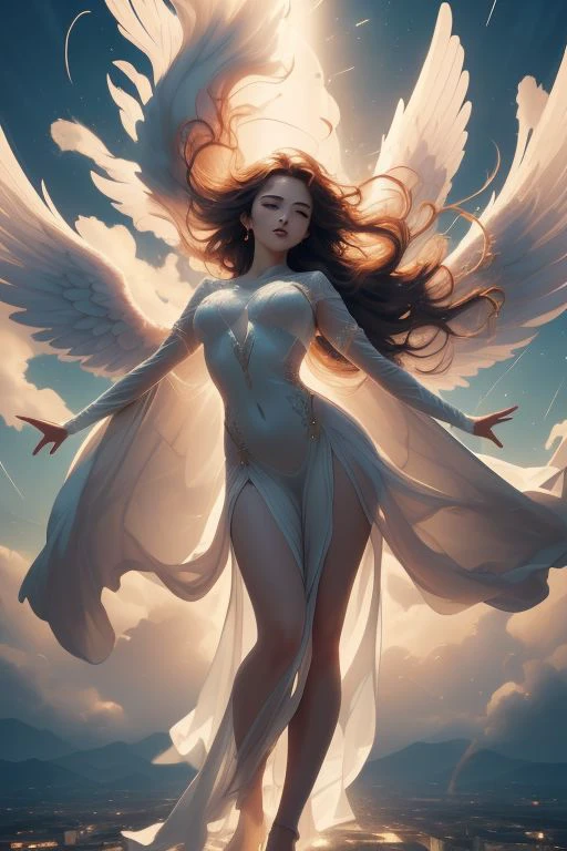 anime artwork, strong Wind<lora:Wind:1.5>, gorgeous angel, (floating in the sky:1.5), (flowing hair:1.5), detailed face, (seductive and elegant pose:1.5), high quality, high resolution, fancy sheer dress, (strong wind:1.5), aerial, huge wings, imposing, charm, mind blowing,