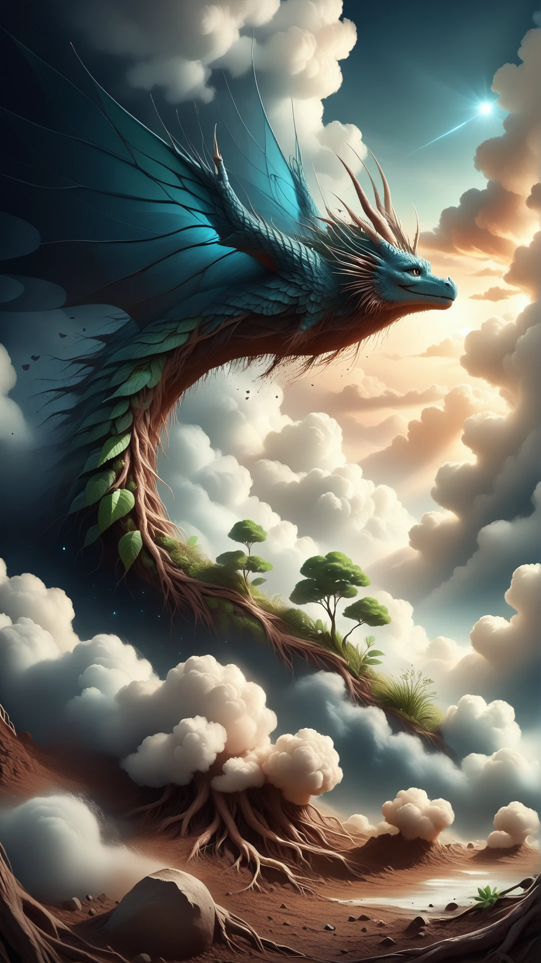 <lora:ElementEarthPDXL:1>ElementEarth score_9, score_8_up, score_7_up, score_6_up, source_anime, Oil painting of a majestic dragon soaring among fluffy clouds, vibrant sky with a mix of blues and whites, dragon's scales shimmering with a mix of greens and golds, dramatic lighting highlighting the dragon's powerful wings and body, clouds in various stages of fluffiness, serene and peaceful atmosphere, nature, dirt, (earth:0.4), (leaves:0.7)