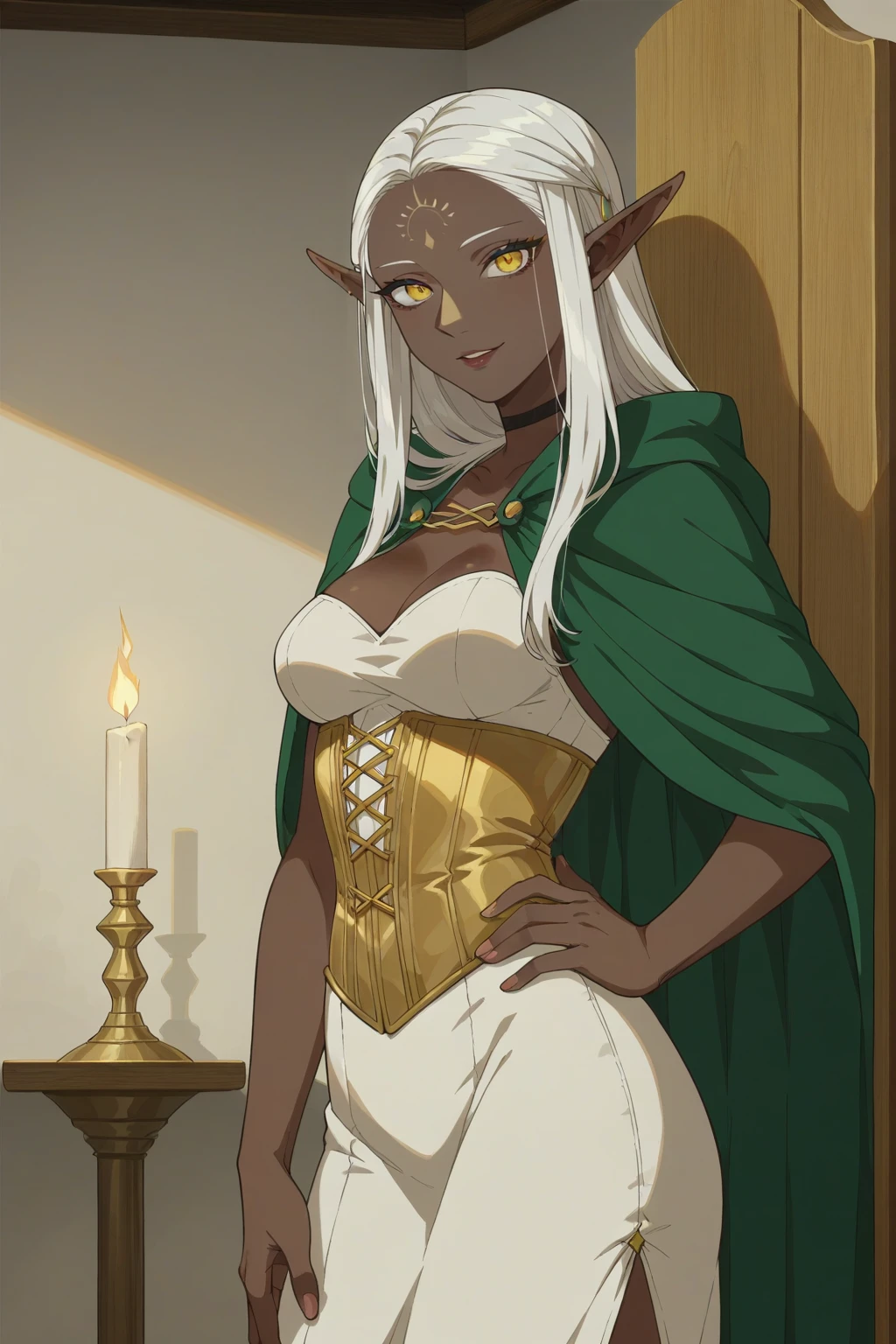 score_9, score_8_up, score_7_up, source_anime, 1girl, prefect lighting, very aesthetic, intricate details, highly detailed background, masterpiece, high quality, prefect hands, solo,
<lora:Cithis:.75>,pointy ears, elf, forehead mark, dark skin, dark-skinned female, yellow eyes, white hair, Cithis,
white dress, gold corset, green cloak,
seductive smile, parted lips, standing, hand on own hip,
Sunny, room, inside, beach, sea, mountains in the background,
(Beautiful, medium Breasts:1.2), natural breasts,