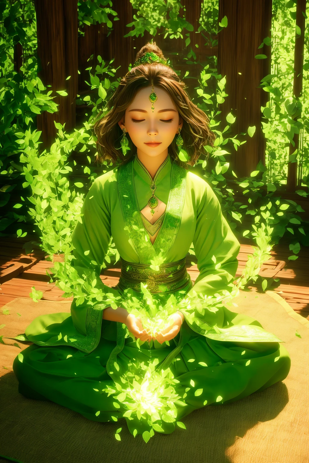 green-aura, green-magic, using green-leaf-magic, using green-healing-magic, green-healing-magic, green-healing-aura, green-leaf-magic, green-leaf-aura, 1girl, solo, jewelry, closed eyes, sitting, earrings,, brown hair, indoors, sheath, glowing, facing viewer<lora:magic_fighting_green_512_dreamshaper_8_2:0.8>,