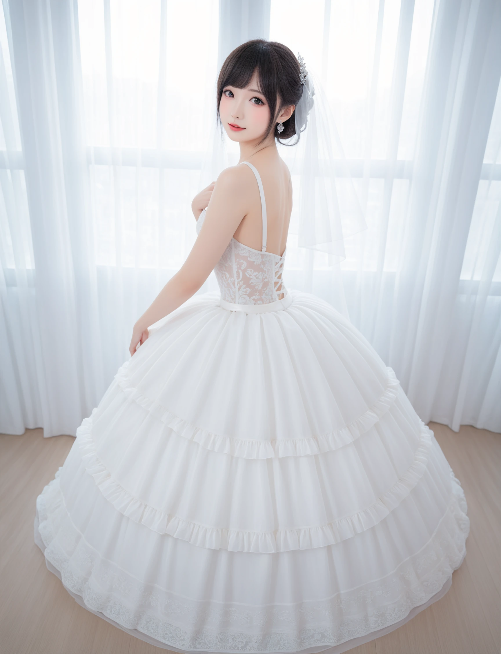 (photo realistic:1.55), <lora:jurita:1>, wedding princess dress, staircase, masterpiece, back view, best quality, detailed, blurry, depth_of_field, blurry_background, blurry_foreground, 1girl, gloves, white_gloves, motion_blur, photo_\(medium\), solo,  <lora:wedding_princess:0.3>