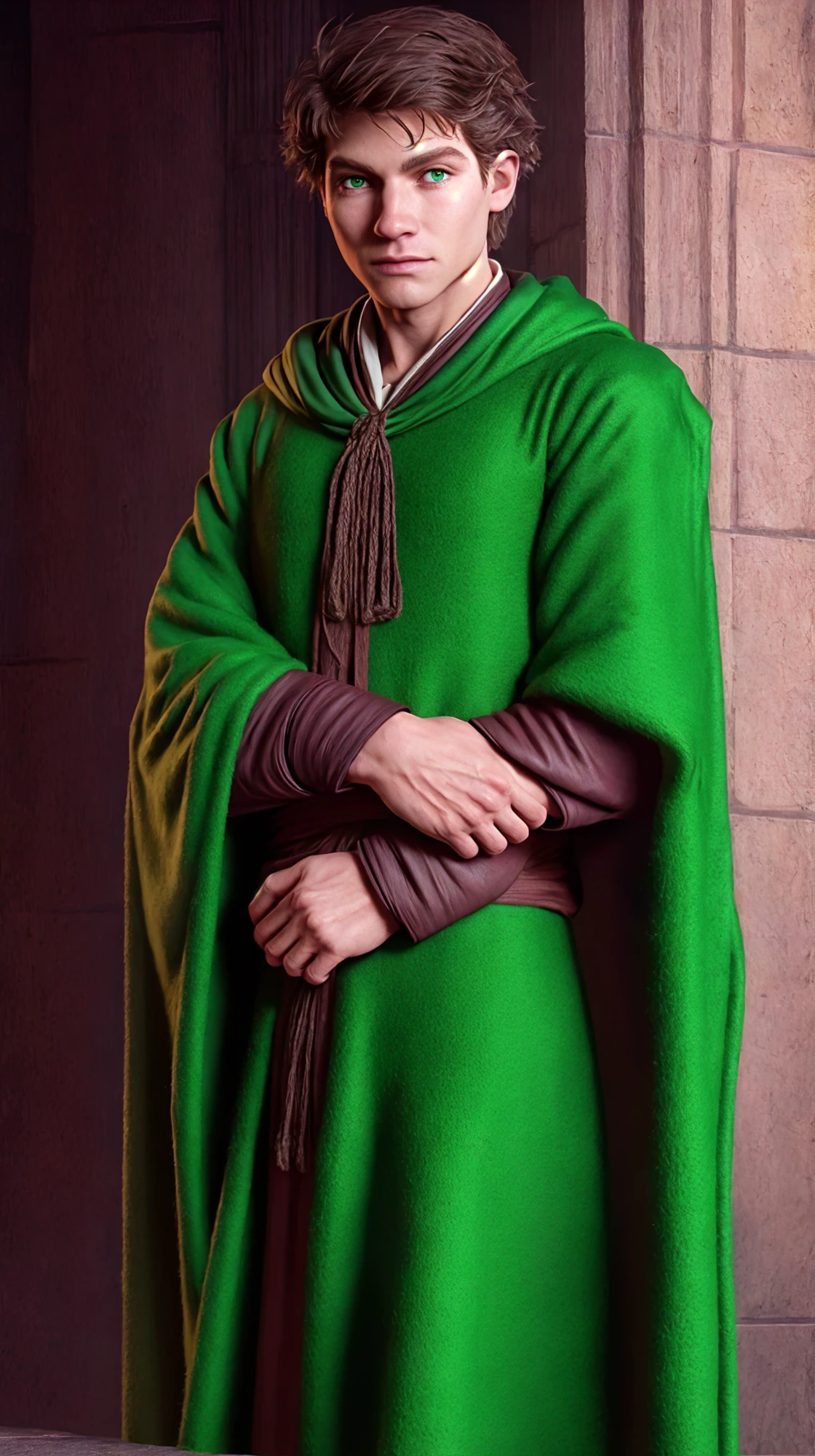 (face focus). (masculine:1.3), large strong physique:1.0, at outdoor gothic castle, (muscular;1.2), large muscles:1.1, ((wearing thick large long flowing simple green wool fantasy wizard robes:1.3)), (wearing matching long flowing cape:1.2), (green eyes), (fantasy theme:1.3), styled hair, confident, handsome, (((masterpiece))), (((best quality))), (dignified pose:1.2), male, athletic, looking at viewer, (short hair), SebbySallow, <lora:SebbySallow (1):0.9>