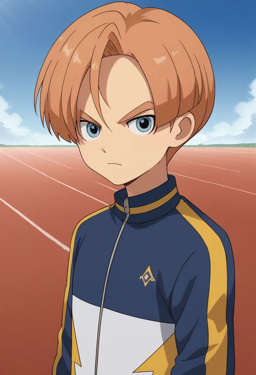 score_9, score_8_up, source_anime, highly detailed, 1boy, solo
malik, male focus, 1boy, solo, blue eyes, sportswear, jacket, track jacket, track suit, upper body, looking at viewer, orange hair, serious, focused,
outdoor,