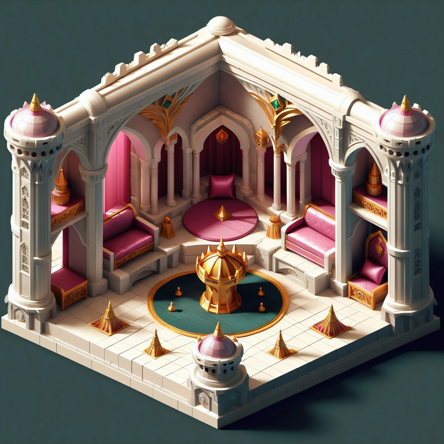 Elven Architecture Isometric (interior view:1.3) of a luxurious throne room <lora:Elven Structures Isometric:1>