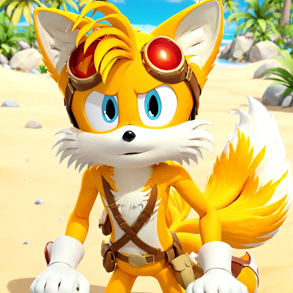 <lora:tails:1>tails_boom, solo, blue eyes, gloves, 1boy, animal ears, male focus, white gloves, fox ears, goggles, multiple tails, furry, goggles on ,furry male, animal nose, fox boy,  ocean, forest, coast, sand, palm, palms, trees, stones