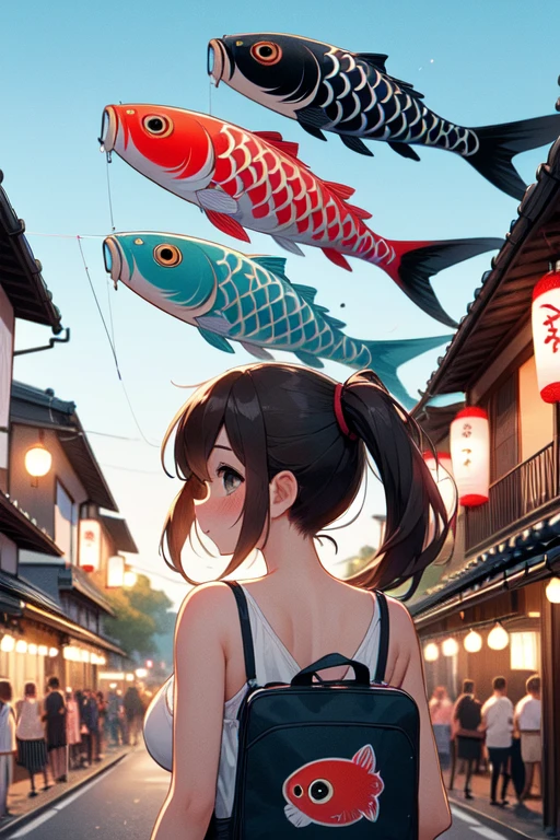 (((masterpiece))), (((best quality))), (((from behind))), (((looking back))), ((koinobori)), ((black carp)), ((red carp)), ((blue carp)), (flag pole), looking up, parted lips, floating hair, camisole, walking, busy, street, alley, sky, wind, tree, petals, greenery, lamppole, power pole, low house, japan building, ((crowd)), ((vendors)), ((summer festival)), ((evening)), ((twilight)), walking on roadside, storefront, solo, 1girl, brown hair, ponytail, cleavage, big tits, shy, blush, slim figure, <lora:girllikekoinobori:0.9>