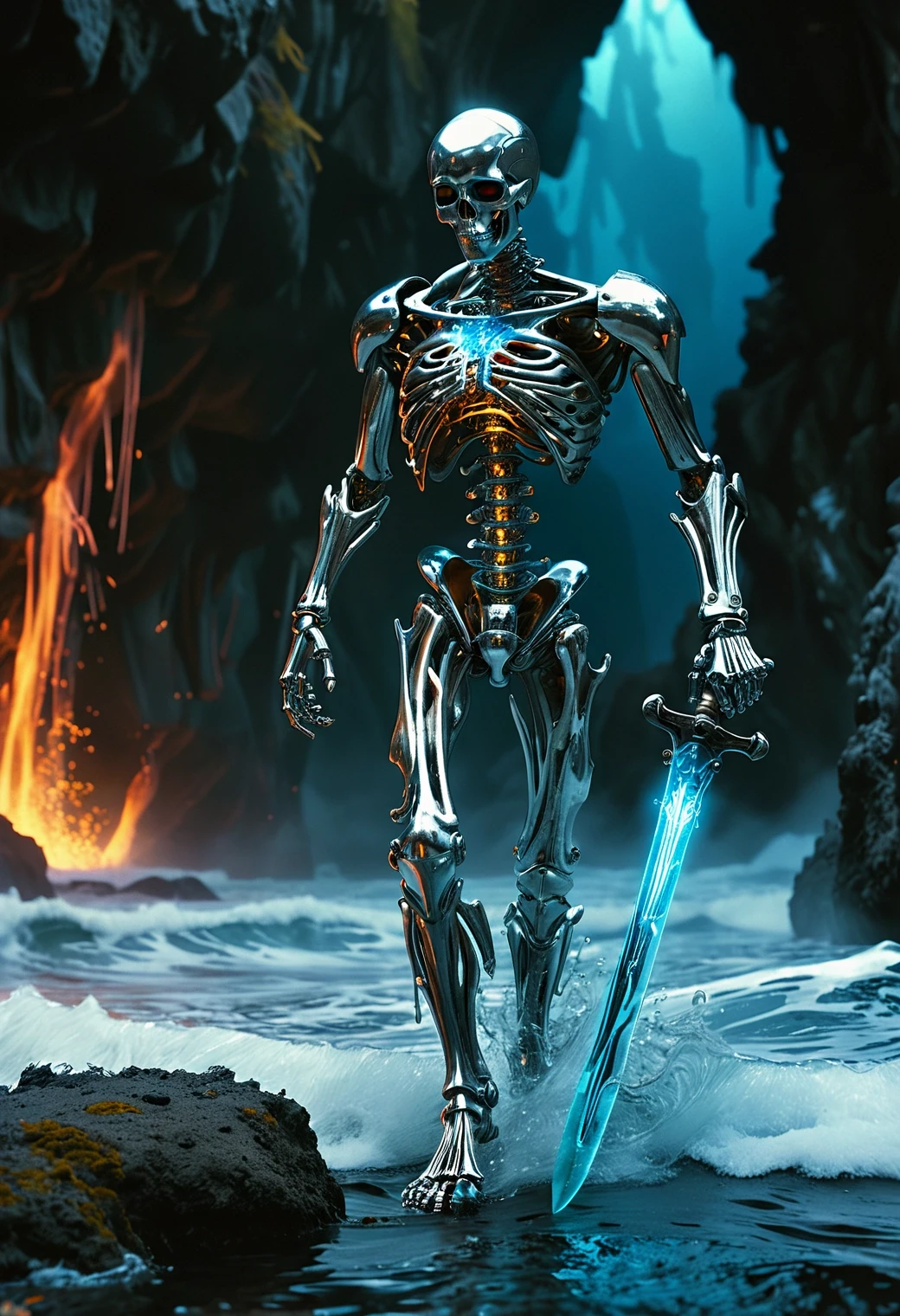 imagine, dream of, by Enoch Bolles and (Tsutomu Nihei:0.7) , anime key visual, ground level shot of an athletic (style of guido argentini, a silver skeleton cyborg hades-ish, standing amidst a fiery sea with translucent blue high waves. wielding a long rusty eerie saber, close-up of his relaxed, determined expression as the ship virtually explodes around him, splinters of wood and sparks flying around, flying wood and particles, looking at viewer, marine theme, ethereal, atmospheric haze, film grain, cinematic film still, shallow depth of field, highly detailed, high budget, cinemascope, moody, epic, overalldetail, gorgeous, 2000s vintage raw photo, photorealistic, candid camera, color graded cinematic, atmospheric lighting, skin pores, imperfections, natural, shallow dof, bright pink, neon yellow, emerald green, in the heart of a volcanic cavern filled with bioluminescent plants, depth, texture, nuanced, dynamic:1.3) , dynamic, Fujichrome Provia 100F, 80mm, futuristic, by Enoch Bolles and (Tsutomu Nihei:0.7) , anime key visual, ground level shot of an athletic (style of guido argentini, a silver skeleton cyborg hades-ish, standing amidst a fiery sea with translucent blue high waves. wielding a long rusty eerie saber, close-up of his relaxed, determined expression as the ship virtually explodes around him, splinters of wood and sparks flying around, flying wood and particles, looking at viewer, marine theme, ethereal, atmospheric haze, film grain, cinematic film still, shallow depth of field, highly detailed, high budget, cinemascope, moody, epic, overalldetail, gorgeous, 2000s vintage raw photo, photorealistic, candid camera, color graded cinematic, atmospheric lighting, skin pores, imperfections, natural, shallow dof, bright pink, neon yellow, emerald green, in the heart of a volcanic cavern filled with bioluminescent plants, depth, texture, nuanced, dynamic:1.3) , dynamic, Fujichrome Provia 100F, 80mm, futuristic