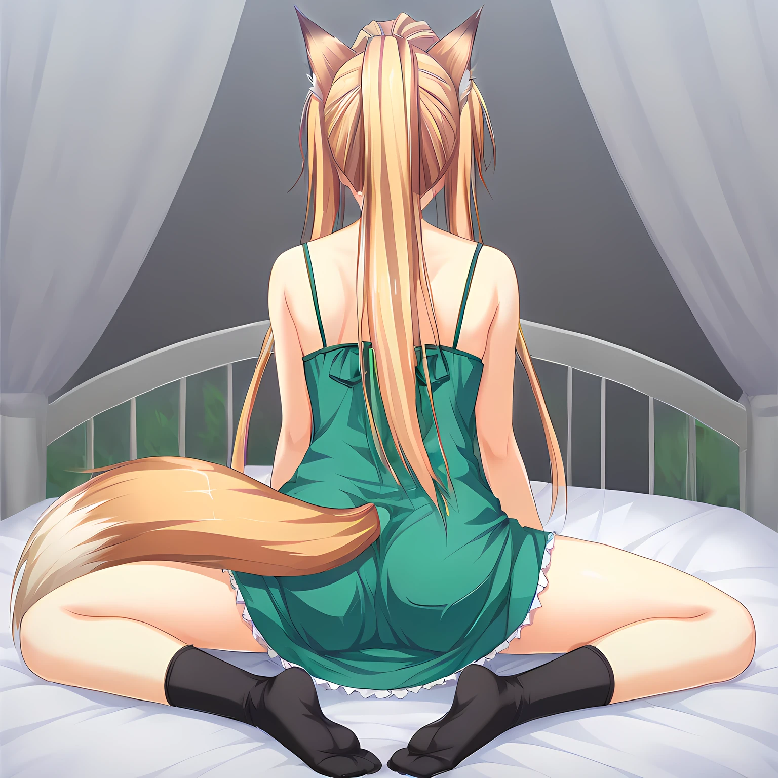 1girl, solo, sit,
bed, indoor, from behind,
<lora:MiyamaKonXLpony:0.7> Miyama_Kon,
blonde,
ponytail, long hair,
green dress, black socks, no shoes,
fox ears, fox tail,