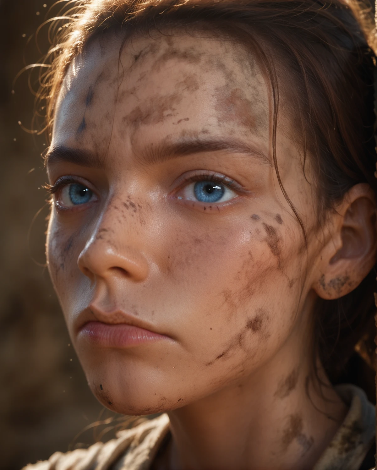 <lora:Furiosa_A_mad_Max_saga:0.6> mmsfuriosa, very close face shot, looking at the viewer, blue eyes, woman, dirty, side view, closed mouth, score_9, score_8_up, score_7_up, score_6_up, score_5_up, score_4_up