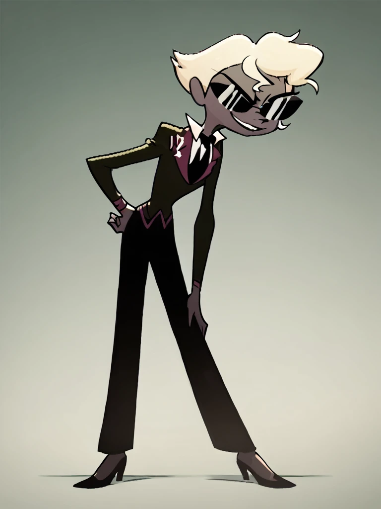 ,high heels, score_9, score_8_up, score_7_up, score_6_up, score_5_up, score_4_up, looking at viewer, hand on own hip, cowboy shot, <lora:Agent2:1> agent2, solo, suit, formal, sunglasses, necktie, short hair, smile, black pants