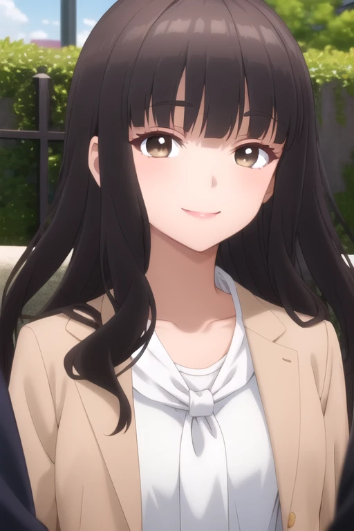 ((masterpiece)),(best quality),official art,extremely delicate and beautiful,extremely detailed CG,unity 8k wallpaper,ultra detailed,beautiful detailed eyes,extremely detailed face,outdoors,1girl,solo,upper body,(portrait:1.5),looking at viewer,facing viewer,smile,long hair,wavy hair,brown hair,sidelocks,blunt bangs,brown eyes,collarbone,brown jacket,blazer,open clothes,open jacket,white neckerchief,white shirt,long sleeves,medium breasts,skindentation,black pants,high heels,pink footwear,<lora:Fujimiya Shihoko(otidnsk)>,