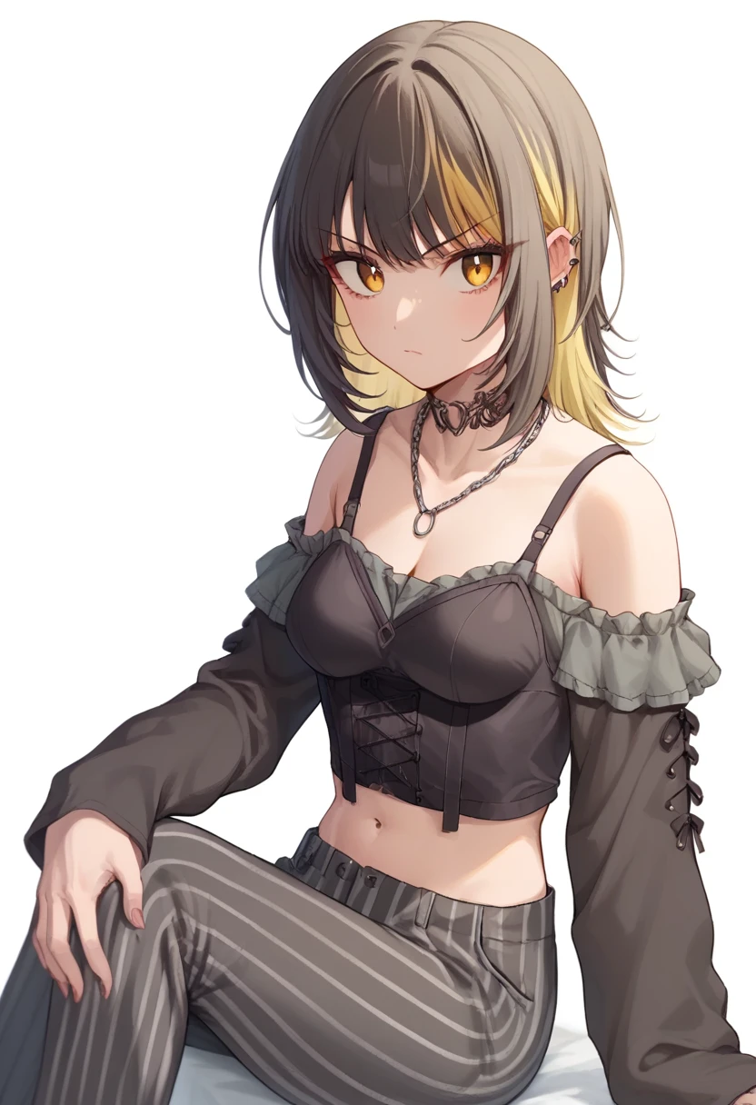 score_9,score_8_up,score_7_up,<lora:ikaruga_luca_pony:1>,off_shoulder,looking_at_viewer,frilled_shirt,white_background,commentary,medium_breasts,crop_top,bare_shoulders,knee_up,sleeves_past_wrists,grey_shirt,hand_on_own_thigh,chain_necklace,ikaruga_luca,buttons,detached_pants,simple_background,1girl,cleavage,sitting,pendant,v-shaped_eyebrows,midriff_peek,black_camisole,arm_at_side,black_collar,striped_pants,vertical-striped_shirt,closed_mouth,long_sleeves,solo,highres,black_pants,cowboy_shot,vertical-striped_clothes,ear_piercing,o-ring_top,