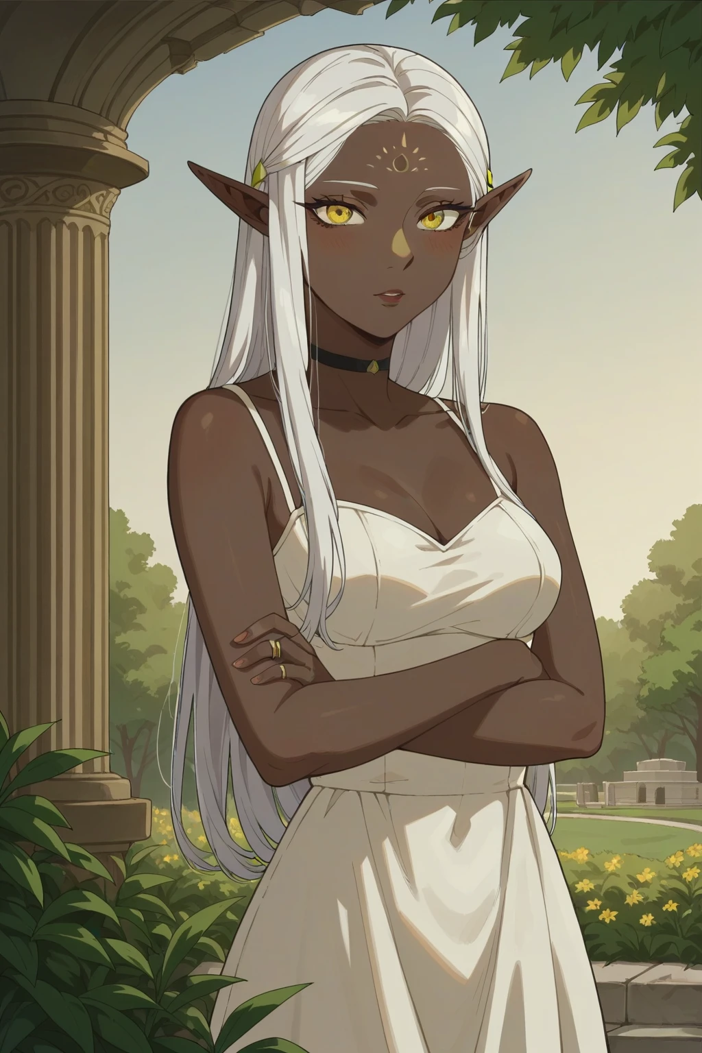 score_9, score_8_up, score_7_up, source_anime, 1girl, prefect lighting, very aesthetic, intricate details, highly detailed background, masterpiece, high quality,
<lora:Cithis:.75>,pointy ears, elf, ring, forehead mark, dark skin, dark-skinned female, yellow eyes, white hair, Cithis, 
sundress, bare shoulders,
Expressionless, blush, looking at viewer, parted lips, 
standing, arms crossed,
outdoors, park, sunset, dusk, wind, tree, stone path, grass,
(Beautiful, medium Breasts:1.2), natural breasts,