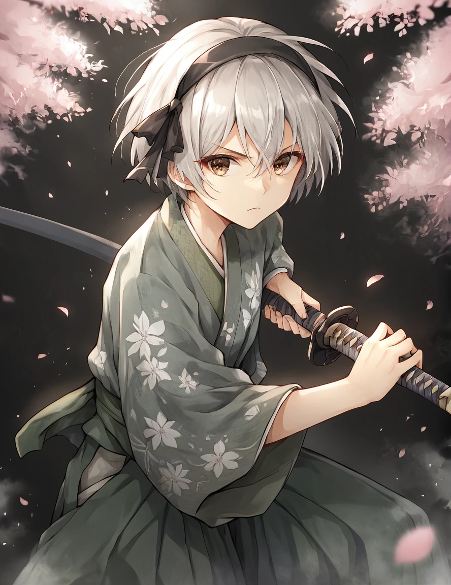 score_9, score_8_up, score_7_up, 
battoujutsu sword stance, 1boyl,solo,looking at viewer,short hair,bangs,skirt,long sleeves,ribbon,hair between eyes,brown eyes,closed mouth,hair ribbon,white hair,grey hair,hairband,japanese clothes,alternate costume,wide sleeves,kimono,petals,black ribbon,floral print,katana,black hairband,black background,cherry blossoms,sheath,hakama,hakama skirt,sheathed,serious,scabbard,green kimono,unsheathing,konpaku youmu
 <lora:battoujutsu_sword_stance:0.8>