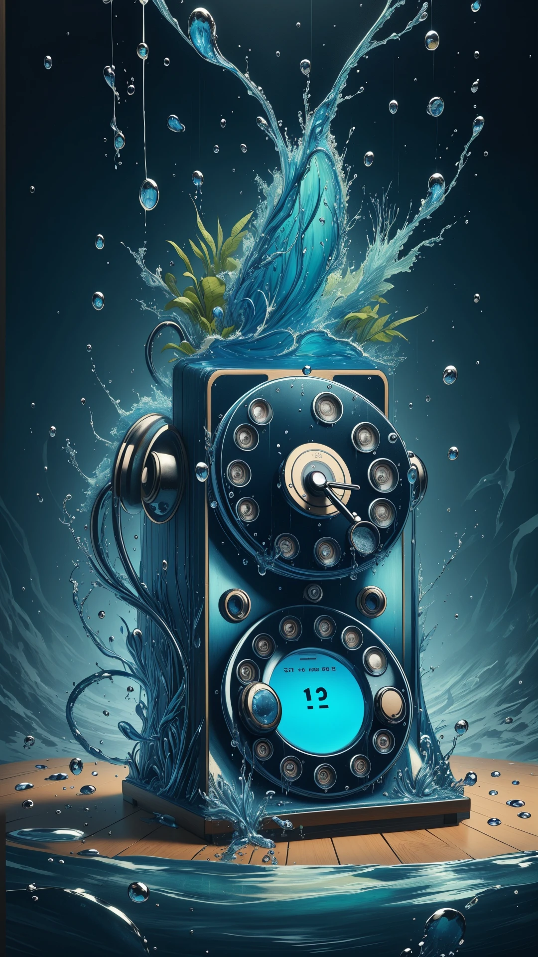 <lora:ElementWater:0.9>ElementWater rotary phone, nature inspired, water,  wet, drops, (Masterpiece:1.3) (best quality:1.2) (high quality:1.1)