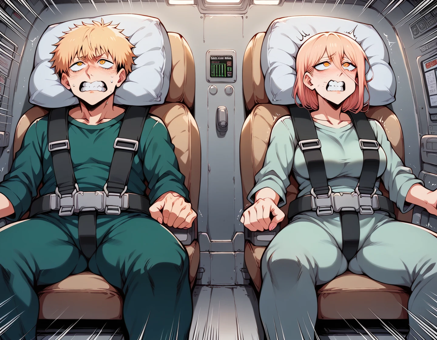 score_9,score_8_up,score_7_up,score_6_up,score_5_up,score_4_up, BREAK
 1girl,1boy,(gf0rc3xl,:1.4) pilot chair, (seatbelt harness:1.1), blue jumpsuit, white jumpsuit,( clenched teeth, cheek bulge, bulging cheeks:1.1), cushion, looking ahead, full body, (speed lines:1.4), (trembling:1.2), sweat, cockpit, facing viewer,straight-on, (head back:0.7),arms to sides,holding on, incase, 5_fingers, <lora:2024-06-02_17-06-55-save-920-10-0:1>  <lora:Lunas-InCase-SDXL-A3:1>