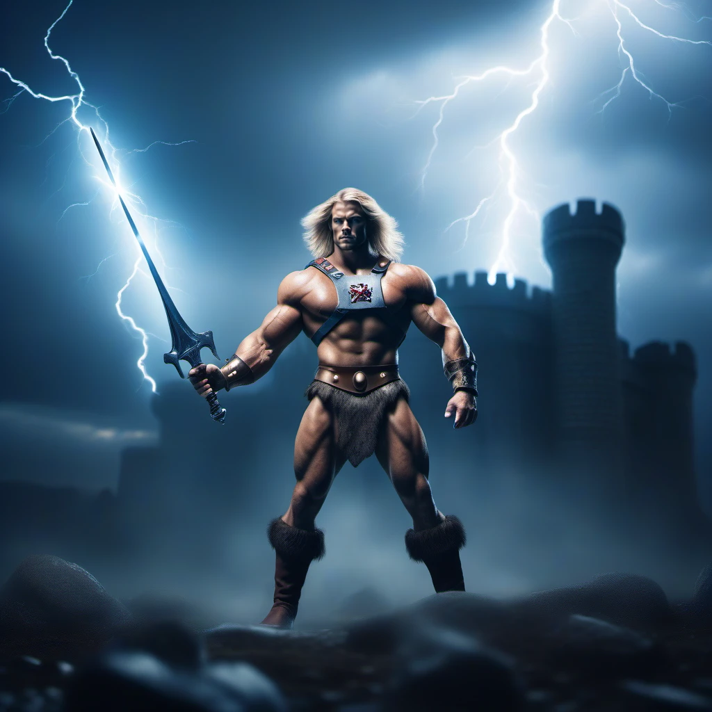 cinematic film still a muscular man, blond long hair, blue eyes, boots, manly, armor, energy sword, skullcastle background, lightning <lora:He-man1024:0.8> . shallow depth of field, vignette, highly detailed, high budget, bokeh, cinemascope, moody, epic, gorgeous, film grain, grainy
