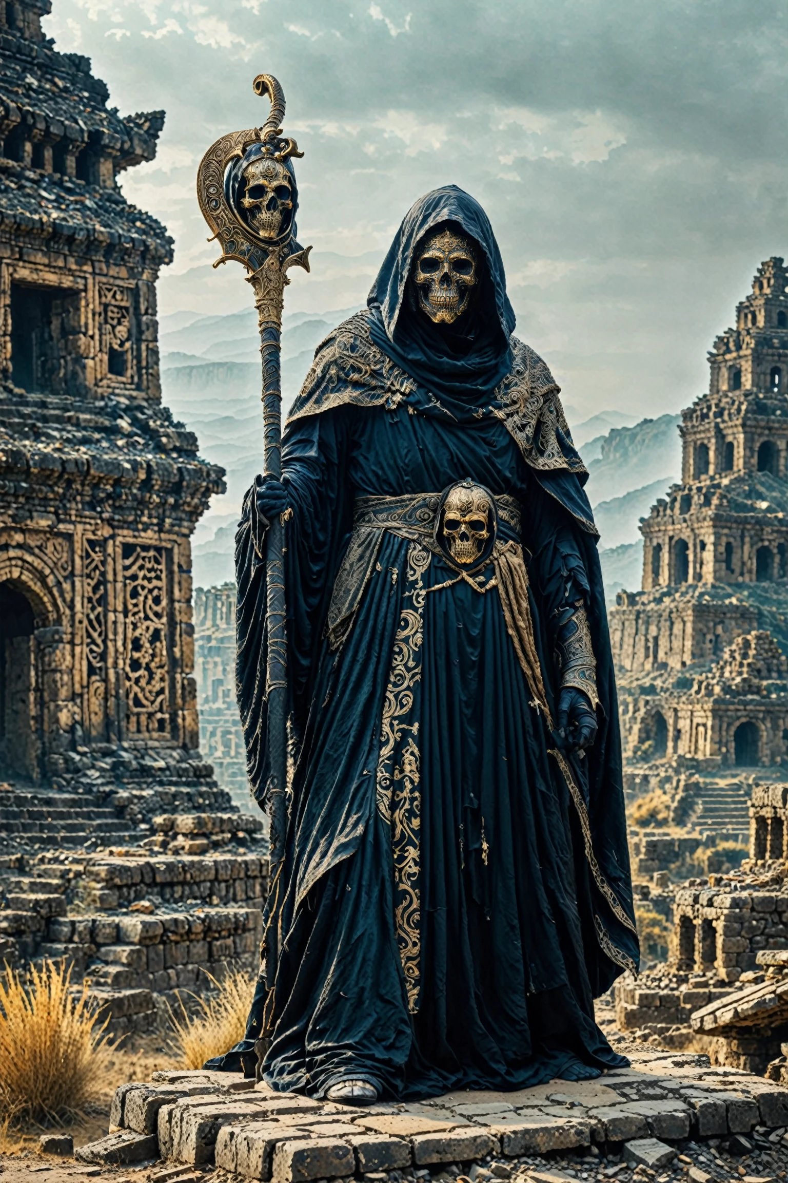 A mysterious figure draped in a dark, ornate robe with intricate designs. The figure wears a hood that conceals most of their face, revealing only a skull-like mask. They are holding a staff with a unique design at the top, and another object resembling a curved blade or scythe in their other hand. The background depicts a desolate landscape with ruins of ancient structures, possibly a city or fortress. The atmosphere is misty, adding to the eerie and foreboding ambiance of the scene.<lora:EMS-388887-EMS:0.800000>