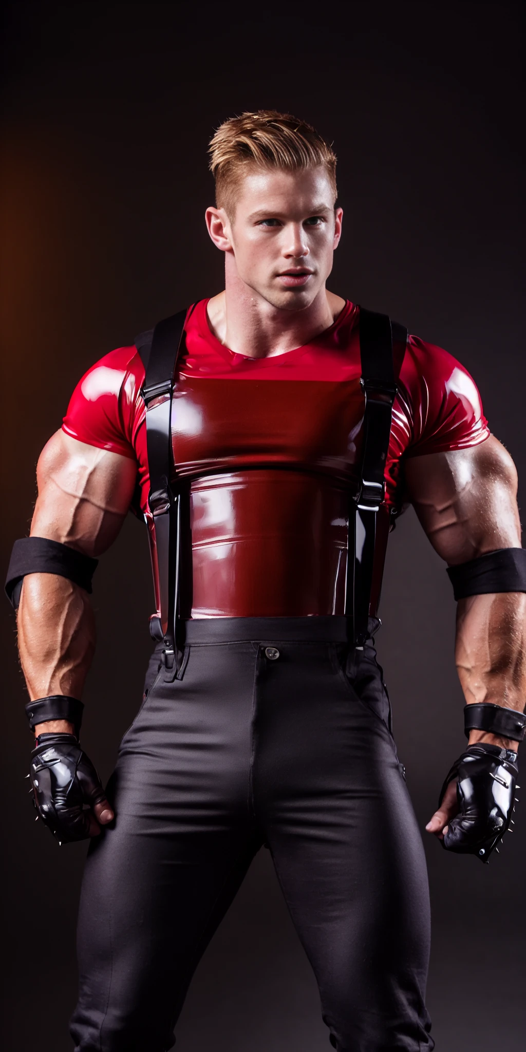 ((best quality)), ((masterpiece)), ((realistic)), (detailed)
shiny latex , muscular male, muscled, muscular,
1boy,
jimmyrd, t-shirt, armband, brown hair, pants, suspenders, scar, spiked hair, . fingerless gloves, male focus, red and black shirt, crest
shirt, elbow pads, fire, (long hair:0.7),
<lora:Jimmy:1>