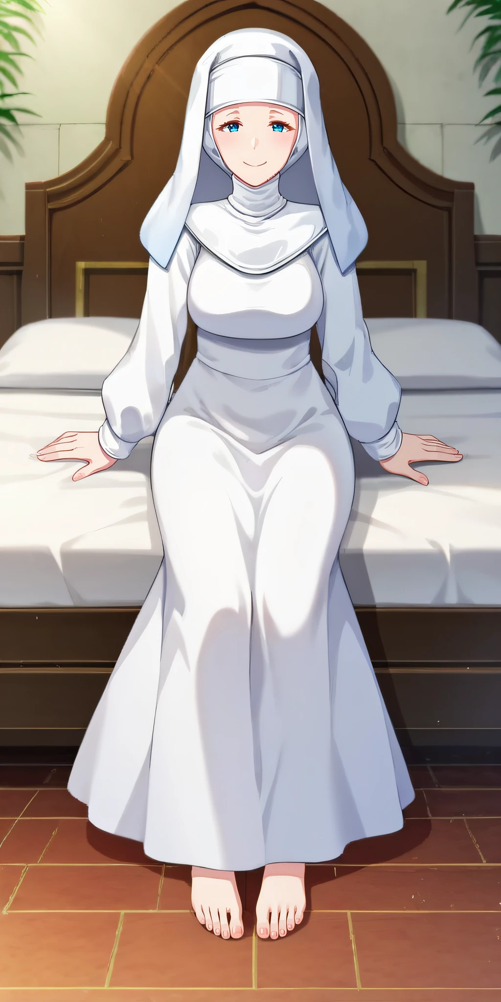 score_9, score_8_up, score_7_up, source_anime, rating_safe, intricate details, anime screencap, official style, <lora:Elouise_Sussex:1>, elouise, blue eyes, nun, habit, white dress, white sleeves, taut dress, large breasts, smile, looking at viewer, full body, long skirt, feet, barefeet, sitting on bed