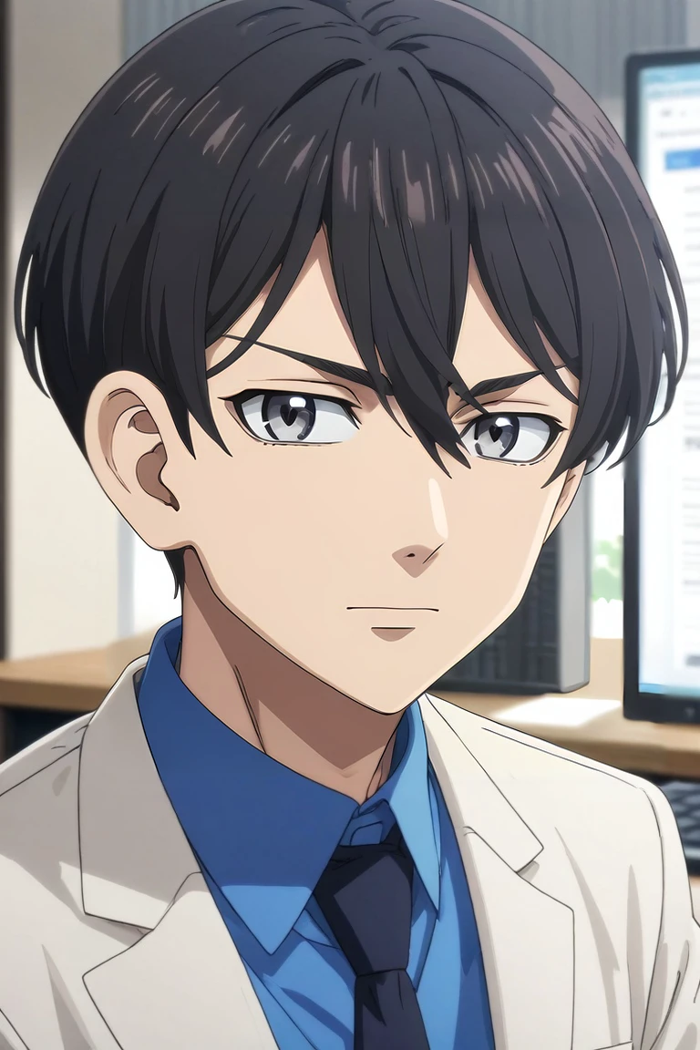 score_9, score_8_up, score_7_up, source_anime, rating_safe, intricate details, anime screencap, , official style, looking at viewer, depth of field, 1boy, solo, male focus, <lora:naoto_tachibana_pony:0.78>, naoto_tachibana, black hair, grey eyes, short hair, hair between eyes, close-up, office, computers, dusk, floating, heart eyes, , <lora:sdxl_lightning_8step_lora:1>