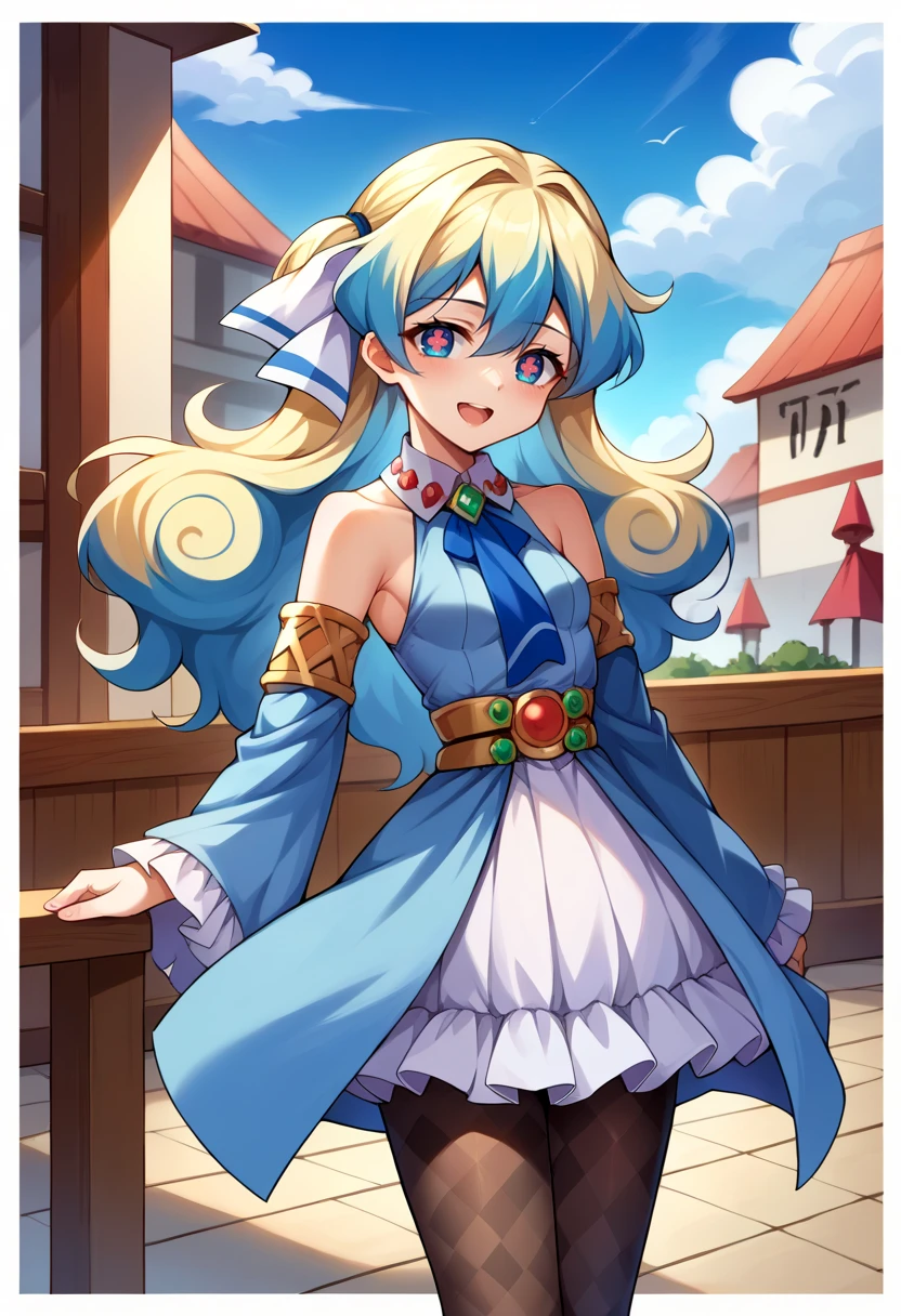 score_9, score_7_up, source_anime, BREAK blue sky, open mouth, smile, <lora:NiaS1:1> nias1, 1girl, blue eyes, symbol-shaped pupils, long hair, blonde hair, blue hair, two-tone hair, small breasts,, hair ribbon, frilled choker, criss-cross halter, sleeveless dress, high-waist skirt, backless dress, blue dress, waist blue bow, detached sleeves, frilled sleeves, wide sleeves, blue sleeves, black pantyhose, patterned legwear, pinstripe pantyhose, mary janes, layered dress,
