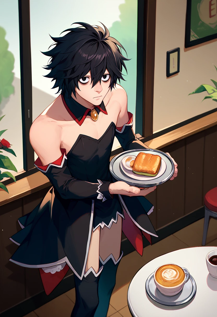 score_9, score_8_up, score_7_up, 1boy, L, black hair, short hair, messy hair, black eyes, bags under eyes, AM, detached collar, detached sleeves, black dress, black thighhighs, cafe, holding tray, looking at viewer,     <lora:L lawliet-000008:1> <lora:Angel Mort 2:1>