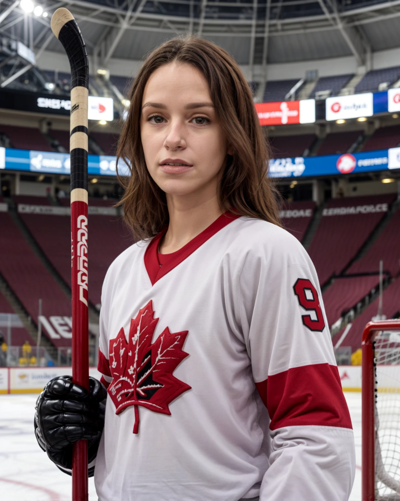 <lora:add_detail:0.75>, best quality, realistic, detailed skin, <lora:Essoe:0.85>, 1woman wearing hockey uniform, glove, holding hockey stick in one hand, upper body, in a stadium, canada maple leaf, red and white shirt