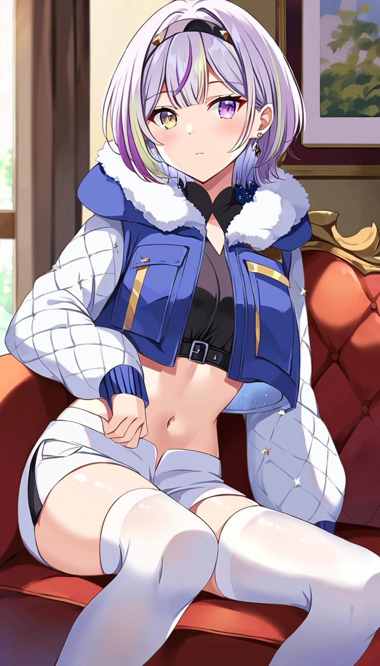 score_9,score_8_up,score_7,masterpiece,best quality,source_anime,indoors,living room,medium breasts,1girl,hairband,jacket,fur trim,heterochromia,purple hair,short hair,multicolored hair,crop top,earrings,shirt,streaked hair,bangs,black shirt,jewelry,midriff,navel,black hairband,long sleeves,hood,white shorts,white thighhighs,white sleeves,<lora:Pony_Loné±:0.8>,couch, sitting, on couch,