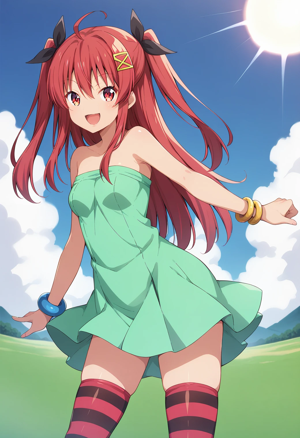 1girl, solo, (field:1.2), (sky:1.2), (sunlight:1.2), cowboy shot, smile, open mouth,
hino_yachika, red eyes, red hair, long hair, two side up, ahoge, hair ribbon, hair ornament, bracelet, strapless dress, light green dress, striped thighhighs, zettai ryouiki, <lora:Abaddon_hino_yachika_pony_ver1:0.8>, score_9, score_8_up, score_7_up, BREAK source_anime, best quality, uncensored,