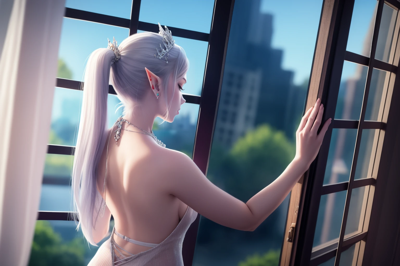 1girl,solo,long hair,hair ornament,dress,bare shoulders,jewelry,upper body,ponytail,white hair,earrings,pointy ears,indoors,necklace,from behind,blurry,window,blurry background,halterneck,back,tiara,elf,backless outfit,realistic,facing away,shoulder blades,backless dress,<lora:lbc_eif_v1.0-000004:0.7>,masterpiece,highest quality,