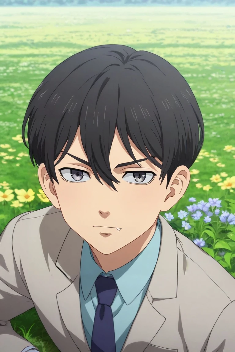 score_9, score_8_up, score_7_up, source_anime, rating_safe, , semi-realistic, looking at viewer, , 1boy, solo, male focus, <lora:naoto_tachibana_pony:0.82>, naoto_tachibana, black hair, grey eyes, short hair, hair between eyes, panorama, flower field, flowers, midnight, lying, on stomach, skin fang, suit,, <lora:sdxl_lightning_8step_lora:1>