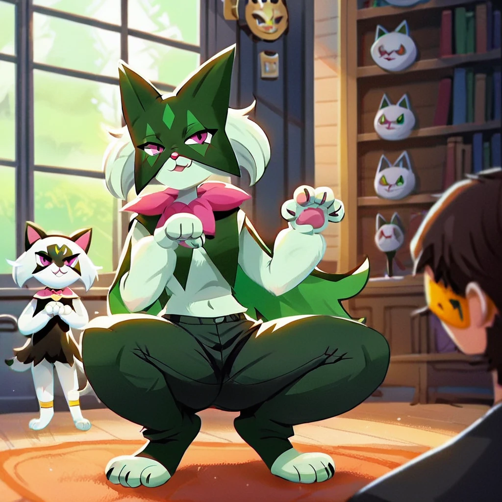 score_9, score_8_up, score_7_up, score_6_up, score_5_up, score_4_up,  source_anime anime screencap,   <lora:MewoscaradaTest:0.8>meowscaradaxl, mask, pink eyes ,furry female, smirk, squatting, paw_pose, cat paws, <lora:art_digi_pony:1>