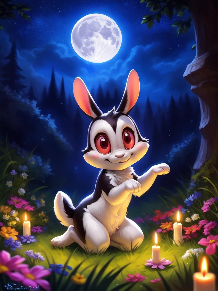 concept art  <lora:BunniculaBunNi1:1>  BunniculaBunNi, solo,  Red eyes,  chibi,  white sclera, [forest, grass, stars,moon shining, clouds, flowers, bright moon, candles,]
 (beautiful, aesthetic, perfect, delicate, intricate), masterpiece, digital drawing, best quality,  (kneeling on one leg)
by ulitochka, by taran fiddler, by Silverfox5213, by personalami,  . digital artwork, illustrative, painterly, matte painting, highly detailed